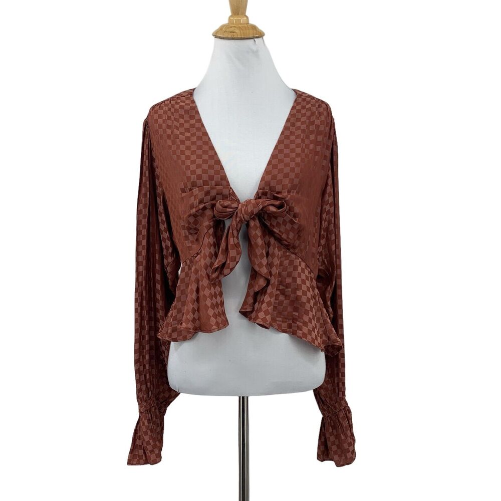Wayf x Jourdan Sloane Top Womens M Kamryn Rust Check Jacquard Satin Cropped Tie